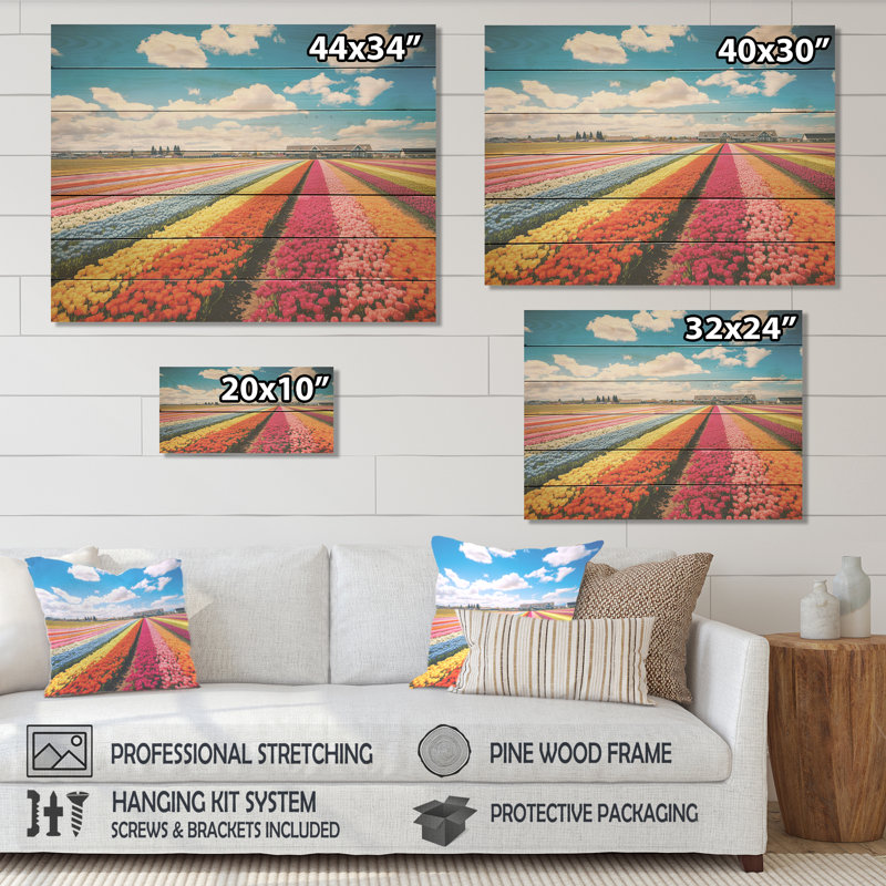 Champ de tulipes colorées II - Tulipe sur bois, H 10 po x l 20 po