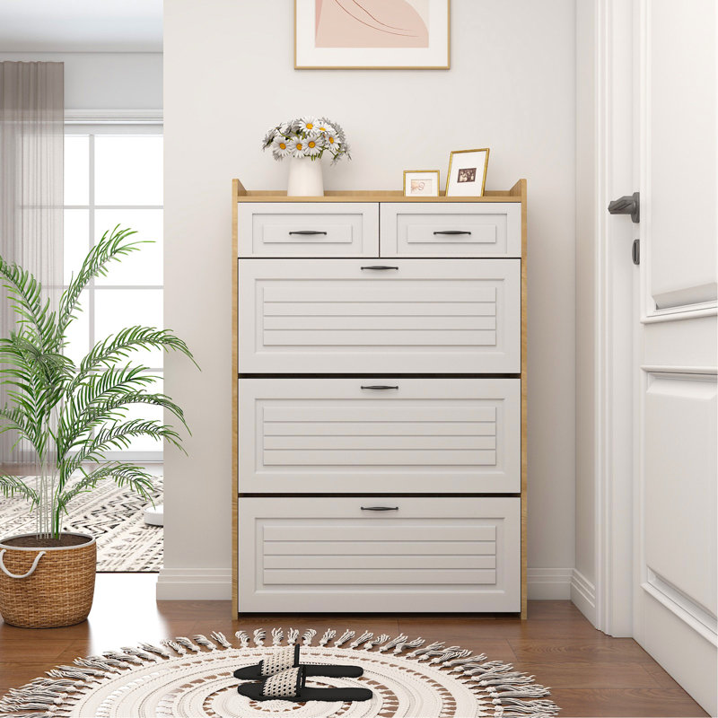 Versatile Shoe Cabinet With Abundant Storage And Customizable Compartments For Neat Shoe Organization, White/Natural