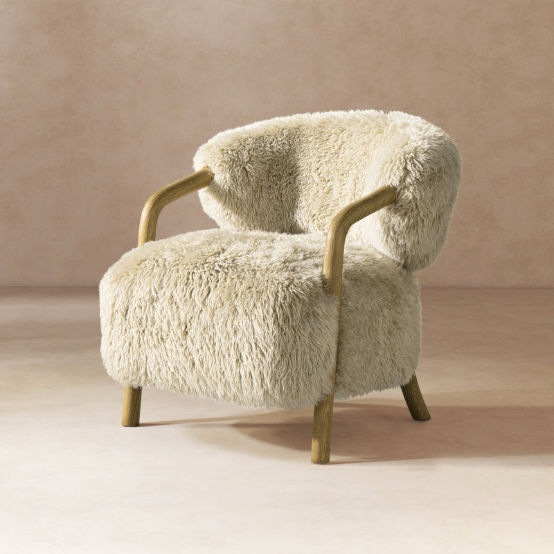 Drumm 33" Rustic Oak Sheepskin Upholstered Accent Arm Chair