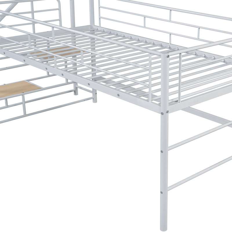 White Twin Metal MDF Loft Bed With Secure Storage Stairs And Durable Frame, White
