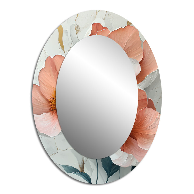 Blanc et corail marbre pivoines Elegance III - Grand miroir mural ovale sur métal, 40 po x 30 po