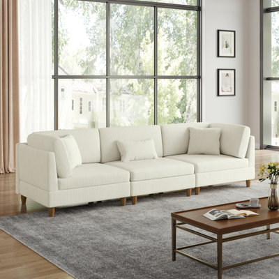 Seemab 3 - Piece Upholstered Beige Corduroy Modular Sectional with Pillow Back and Solid Wood Legs