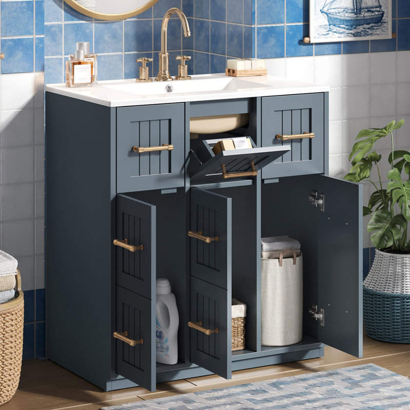Meuble-lavabo moderne 30 po avec lavabo en céramique, Bleu