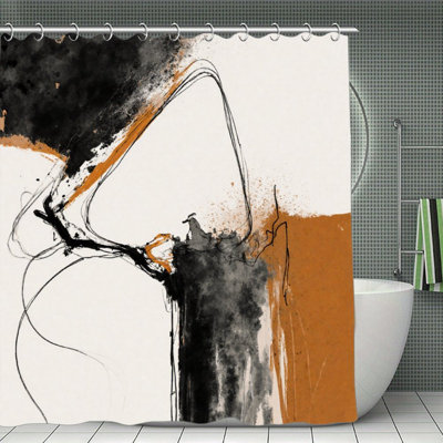 Rideaux de douche noir et orange à encre abstraite, 71 x 71