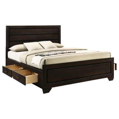 Queen Storage Panel Bed With Dark Finish, Side Drawers And Visual Depth Brown Wood Storage, Streamlined Silhouette