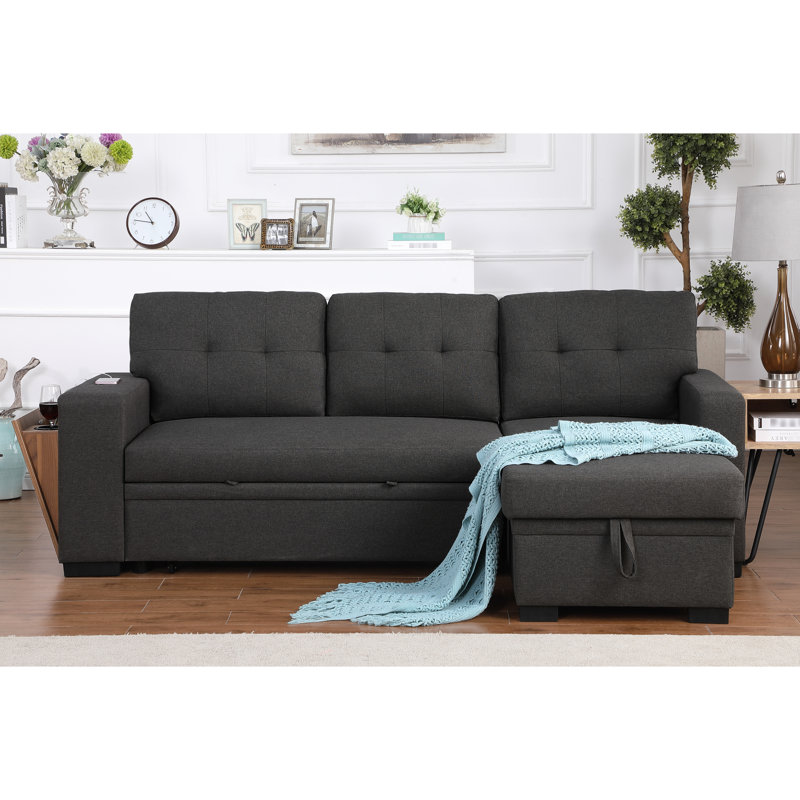 Canapé modulaire polyvalent 3 pièces gris foncé avec mélange de lin et de rehaussement d'espace - méridienne, rangement, tissu de feu