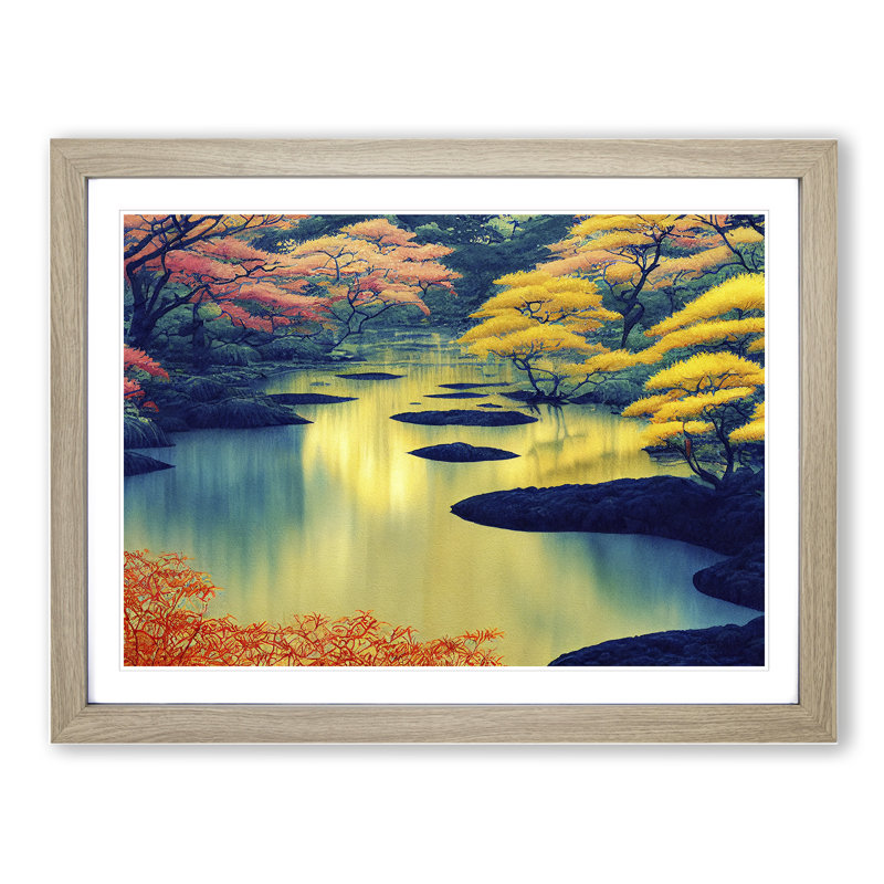 Colourful Japanese Forest - Painting, Oak Framed, 25cm H x 34cm W x 2cm D