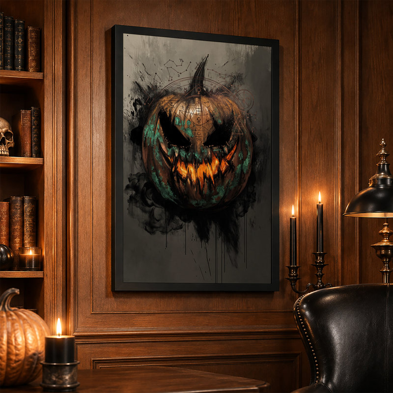 Citrouille orange avec texture bleu sarcelle et toile d'Halloween mystique, H 18 po x l 12 po