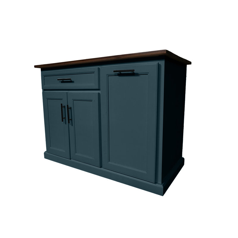 Îlot de cuisine moderne en bois massif de 48 po avec compartiment à poubelle, Bleu fumée