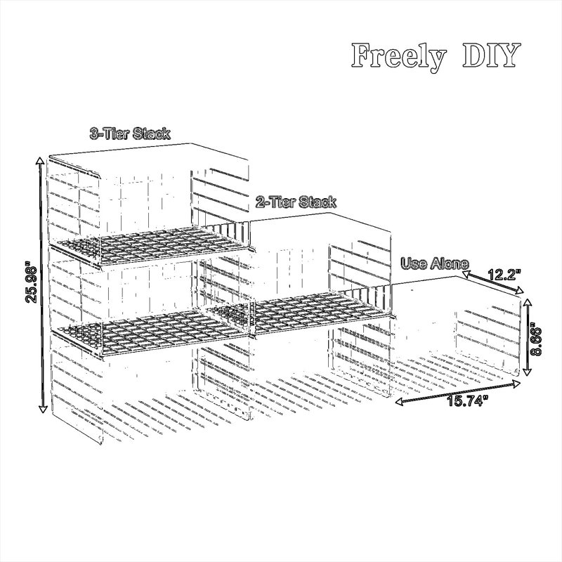 Organisateur de placard extra-long à profil bas avec rangement en bois, ensemble de 3 tablettes de rangement empilables, bac de rangement pour vêtements peu encombrant pour garde-robe, chambre à coucher et petits espaces, fabrication en maille métallique robuste