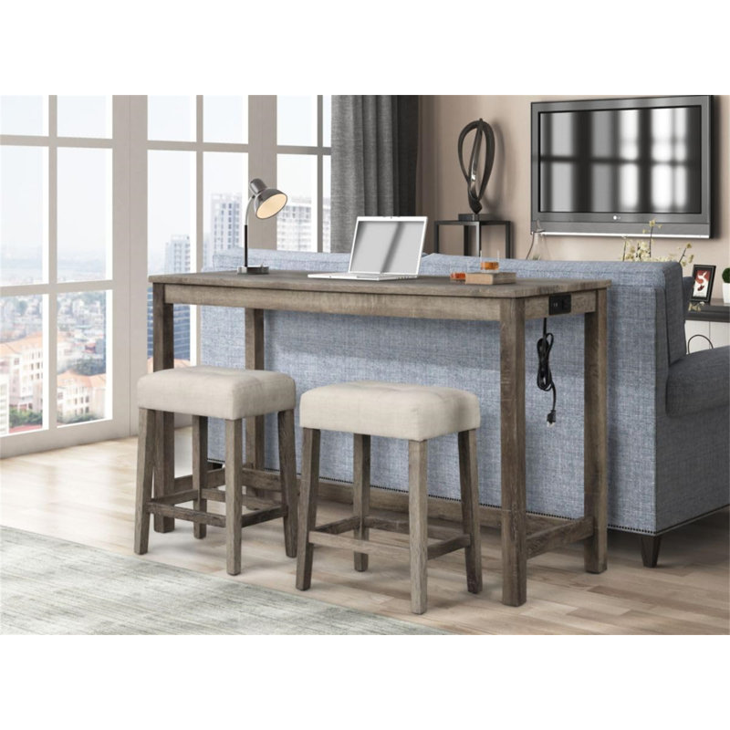 Ensemble de 2 tabourets de comptoir en bois transitionnel 24 po (sans la table), Siège beige / structure grise