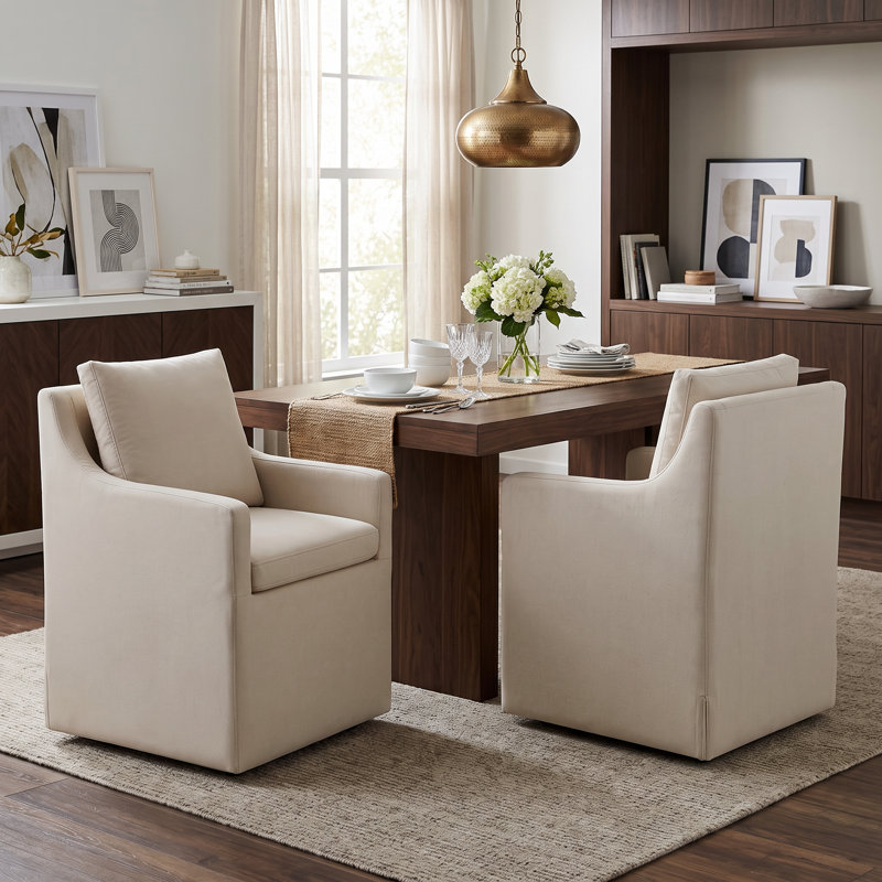 Hidar Upholstered Dining Armchair with Casters, Light Gray