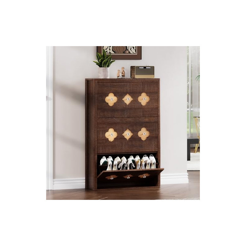Shoe Cabinet with Flip Drawers, Slim Freestanding Shoe Rack Cabinet, Flower Pattern & Diamond-Shaped Handles, Brown