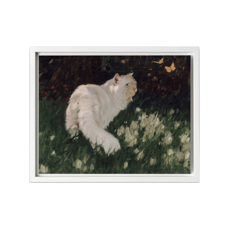 Arthur Heyer - White Cat and Butterflies, Canvas, 24"H x 32"W, White Framed
