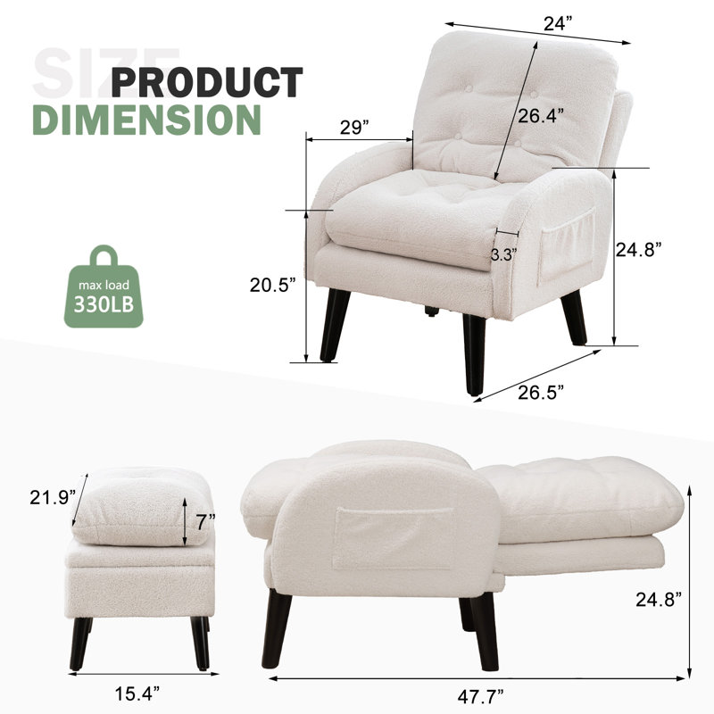 Elandra Upholstered Accent Chair and Ottoman, with 5 Level Adjustable Backrest, White Teddy Fleece