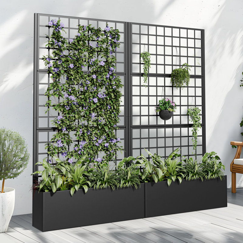 73"H×35"W Metal Planter Box with Trellis with Wheels, Black