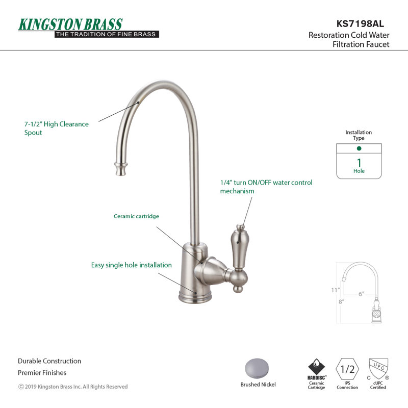 Kingston Brass Restoration Single-Handle 1-Hole Deck Mount Water Filtration Faucet, Brushed Nickel