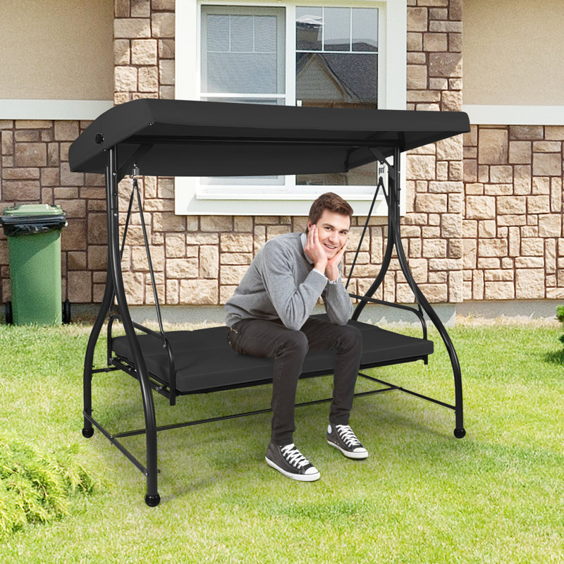 Black Adjustable Steel Frame 3-Seat Outdoor Swing with Canopy