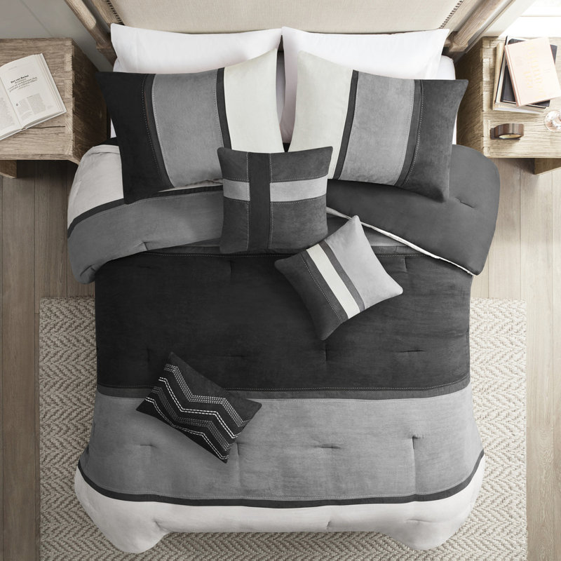 Ensemble de literie 7 pièces en faux suède noir pour très grand lit, édredon décoratif de taille coussin confortable, noir, fer à vapeur fin, jupe de lit