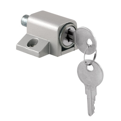 Serrure à clé de porte coulissante Prime-Line, à enfoncer - Remplacer les pièces cassées et ajouter de la sécurité à la maison supplémentaire, boîtier moulé sous pression peint, finition aluminium (paquet unique)
