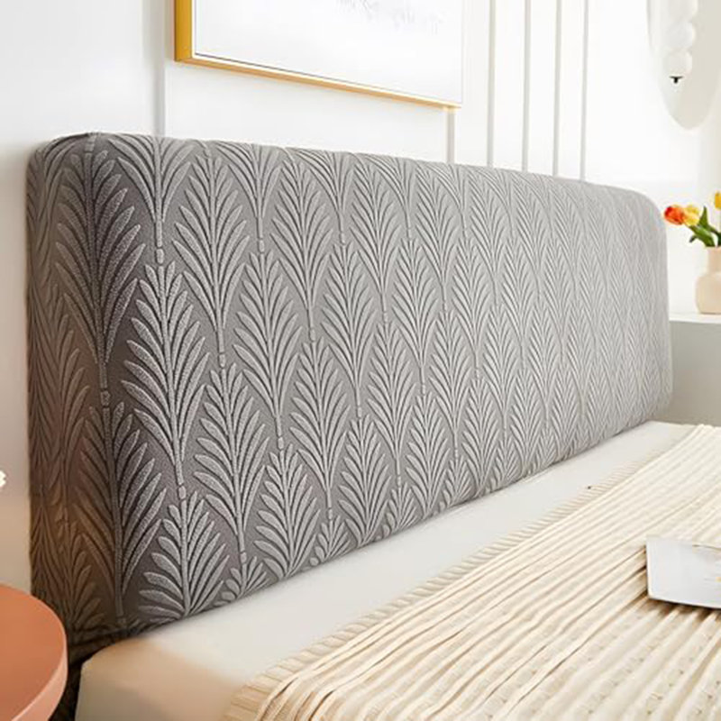 Headboard Slipcover Jacquard Bed Headboard Cover Solid Color Elastic Bed Head Slipcover Leaves Printed All-Inclusive Bed Backrest Cover Bedroom 150Cm/59.05In,Light Gray