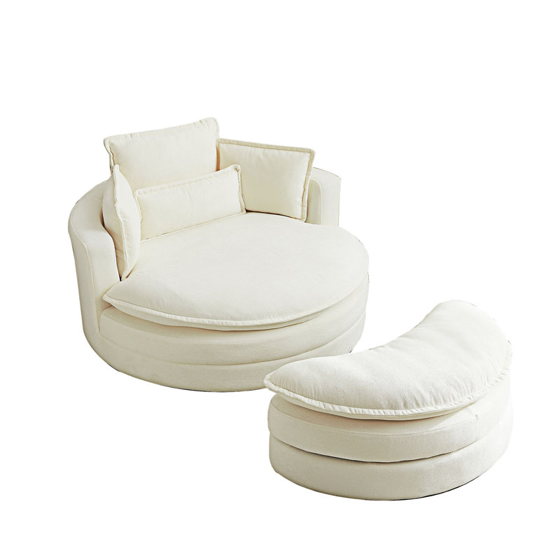 Fauteuil demi-tonneau pivotant avec repose-pieds de rangement, Chenille beige