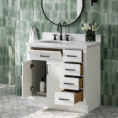 Chevron 37 Inch Left Offset Single Oval Vanity Bathroom Vanity with Pure White Quartz Countertop 1.5 Inch in White