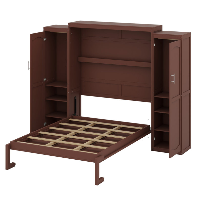 Lit plateforme pliable en bois avec garde-robe et tablette de rangement, Noyer