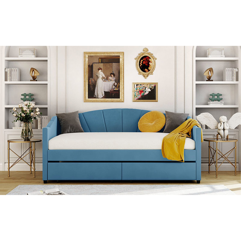 Twin Size Daybed With Two Drawers And Enticing Upholstery - Blue Wood Slat Upholstered In, Blue