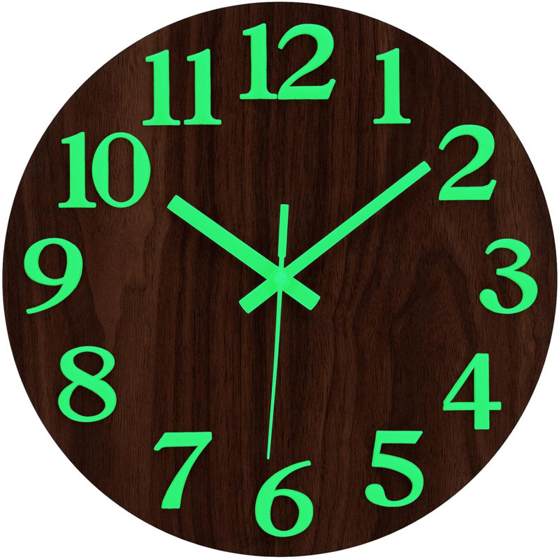 12 Inch Glow In The Dark Wall Clock, Silent Non-Ticking Round Analog Clock With Night Light, Battery Powered Black Wooden Illuminated Clock For Living Room, Bedroom, Kitchen, Home Decor