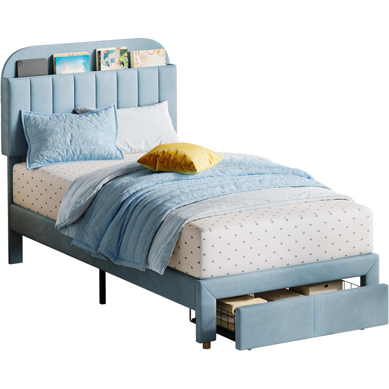 Twin Platform Bed with Velvet Upholstered Bookcase Headboard, Heavy Duty Steel Frame for ,Blue, Blue