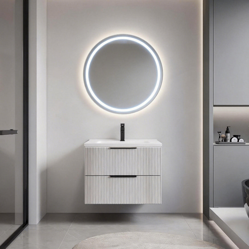 Meuble-lavabo flottant mural 30 po avec lavabo et tiroirs en céramique, Gris