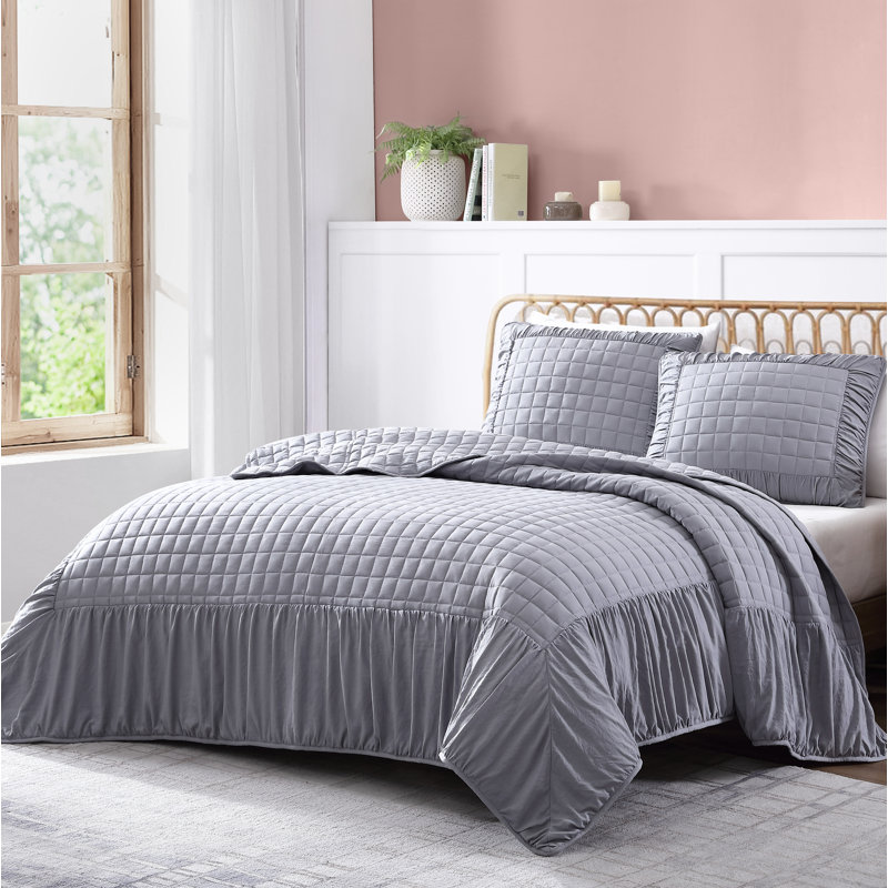 Cedra Quilt Collection Traditional Polyester Quilt, Twin Quilt + 1 Sham, Gray