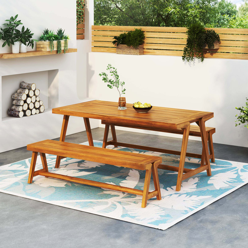 Ensemble de table et de salle à manger d'extérieur 3 pièces Lea, bois d'acacia brun naturel