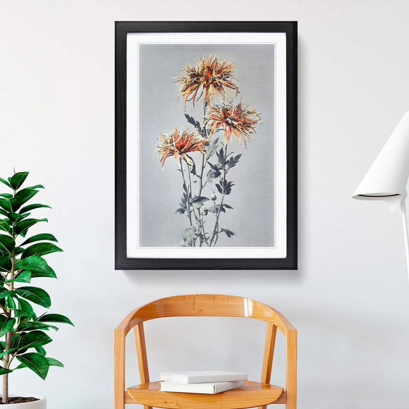 Orange Chrysanthemum Flowers by Ogawa Kazumasa - Picture Frame Painting Print, 48cm H x 36cm W x 2cm D, Black Framed