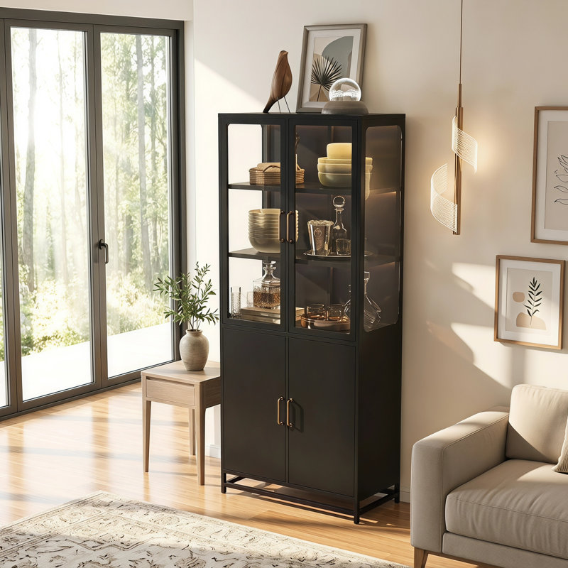 Display Cabinet With Glass Doors, LED Lights & Steel Frame, Black
