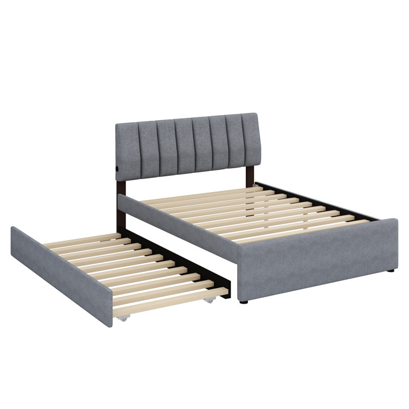 Lit plateforme tapissier avec lit gigogne, gris