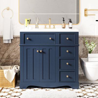 Meuble-lavabo bleu 36 po - Lavabo en résine et structure en bois massif 3 tiroirs