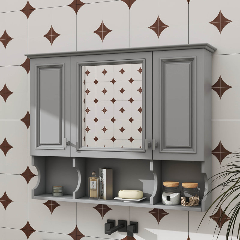 Armoire murale de salle de bain 35 po x 28 po avec miroir, armoire à pharmacie à trois portes et tablettes ouvertes, Gris