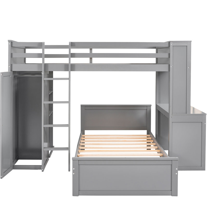Lit mezzanine simple gris avec bureau, tablettes et garde-robe. Panneau de construction. Économise de l'espace et améliore la fonctionnalité. Construire