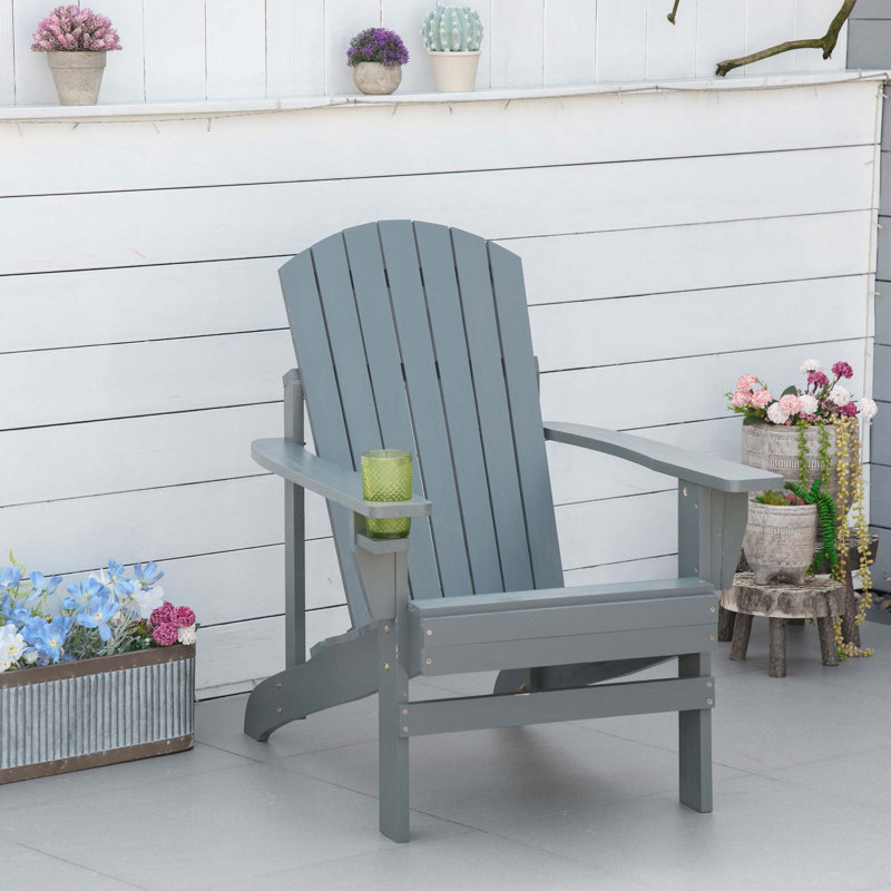 Outsunny Wooden Adirondack Chair, Outdoor Patio Lawn Chair With Cup Holder, Weather Resistant Lawn Furniture, Classic Lounge For Deck, Garden, Backyard, Fire Pit