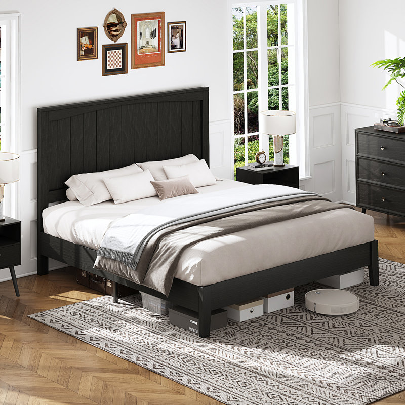 48.4'' Tall Headboard Solid Wood Bed Frame, Queen, Black