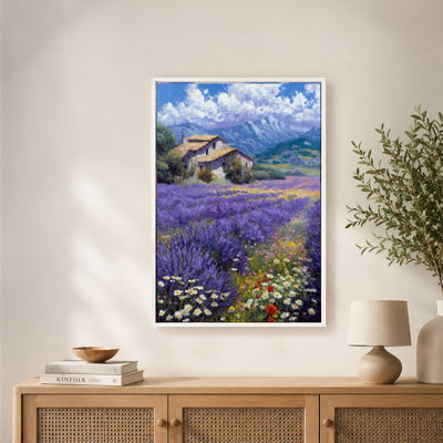 Lavender Field Stone House Mountains Canvas Wall Art with Floating Frame, Ready to Hang