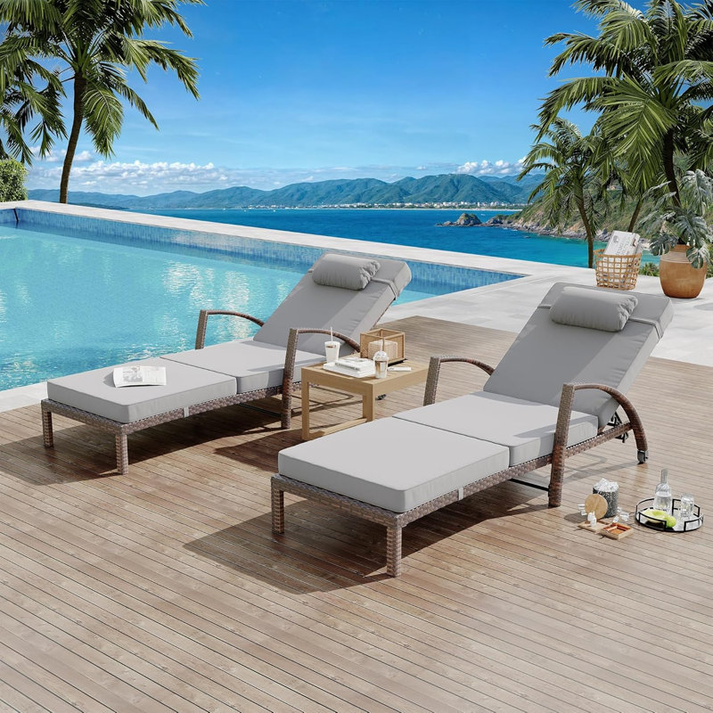 Outdoor Lounge Chairs,2pcs Wicker Pool Chaise Lounge Chairs,Patio Folding Chaise Lounge,5-Position Adjustable, Gray