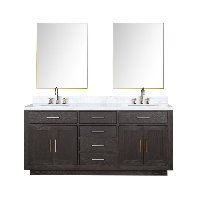 Ensemble de meuble-lavabo double 72 "avec miroir, Marbre de Carrare blanc, Chêne brun