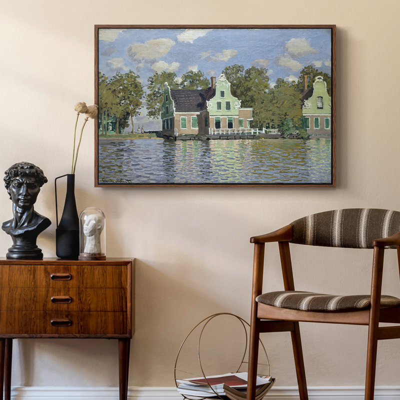 Maisons sur la rivière Zaan à Zaandam, 1871 - Claude Monet, toile tendue avec châssis, 24 po x 36 po, Noyer