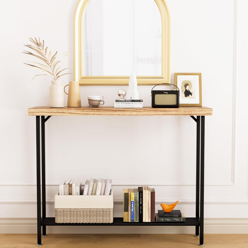 Solid Wood Console Table With 2-Tier Storage, Rustic Brown Entryway Sofa Table For Living Room, Hallway, Foyer, Narrow Design