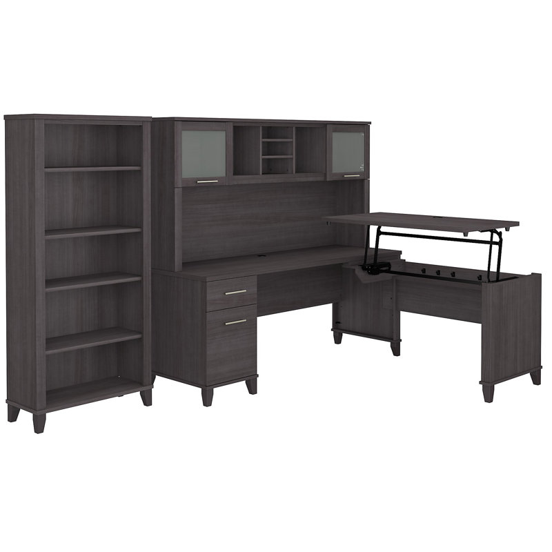 Magomed 72W 3 Position Sit to Stand L Shaped Desk with Hutch and Bookcase, Storm Gray