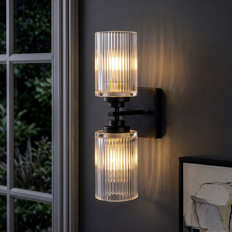 Applique murale à bras 2 lumières avec abat-jour en verre nervuré