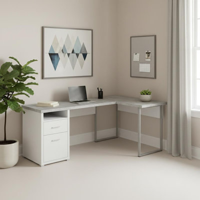Bureau d'ordinateur en L 78 po avec deux tiroirs gris et argent